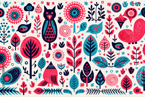 nordic quirky doodle pattern, wallpaper, background, cartoon, vector, whimsical Illustration