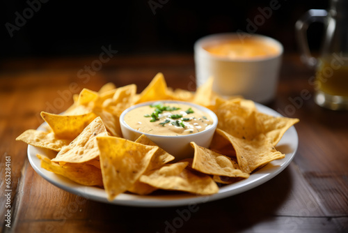 Nachos with Cheese Dip (close-up shot) on an wooden table