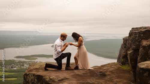 A man, down on one knee, proposes to his partner against the majestic backdrop of a cliffside overlooking the vast ocean. The woman's hand covers her surprised gasp