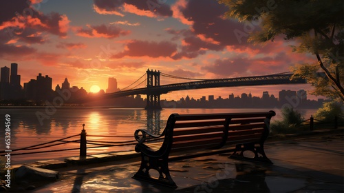 sunset over a city with a bridge and a bench in the foreground generated by AI photo