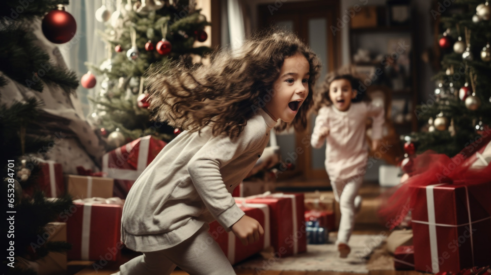 Excitation Matinale de Noël : Enfants Courant vers leurs Cadeaux Excitation Matinale de Noël : Enfants Courant vers leurs Cadeaux