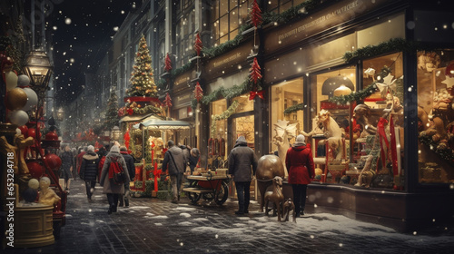 Ambiance de Shopping de Noël : Rue de Boutiques Illuminées en Soirée