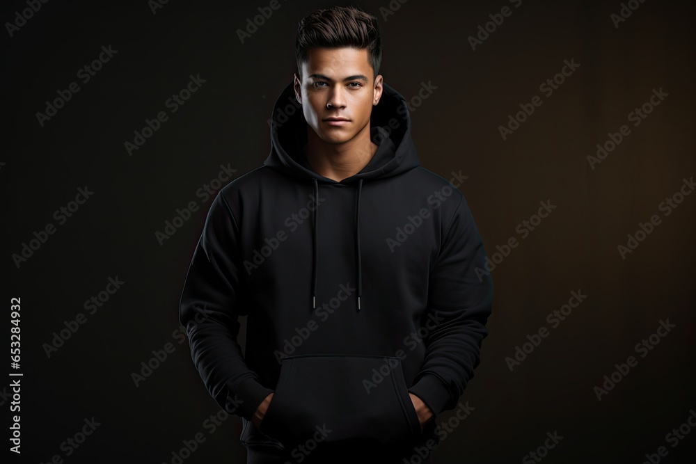 Attractive young Caucasian male model in a stylish, casual black hoodie. Modern, fashionable, and confident. Attractive young Caucasian male model in a stylish, casual black hoodie. Modern, fashionable, and confident.