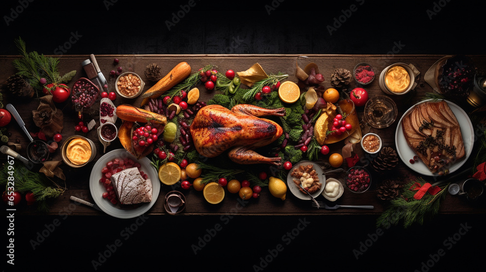 Table de repas de Noël vue du dessus Table de repas de Noël vue du dessus