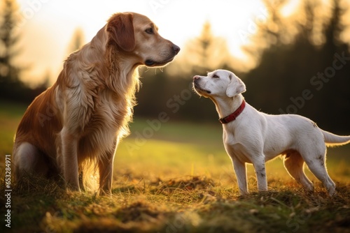 a goat and a dog interacting in a pasture