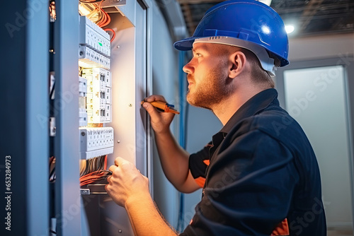 A skilled electrician or technician in a high-risk industrial setting, focused on maintaining and repairing electrical systems. photo