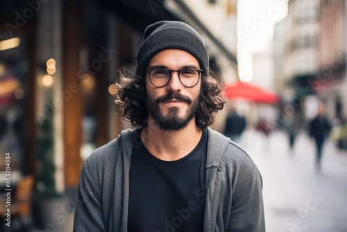 A stylish and confident adult male with a beard, wearing glasses and fashionable black attire, in a modern urban city setting. © Andrii Zastrozhnov