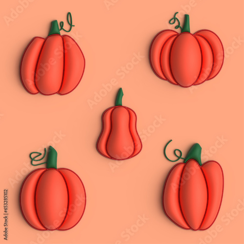 Pumpkins collection in 3d render style for food illustration, autumn or halloween with bright colors