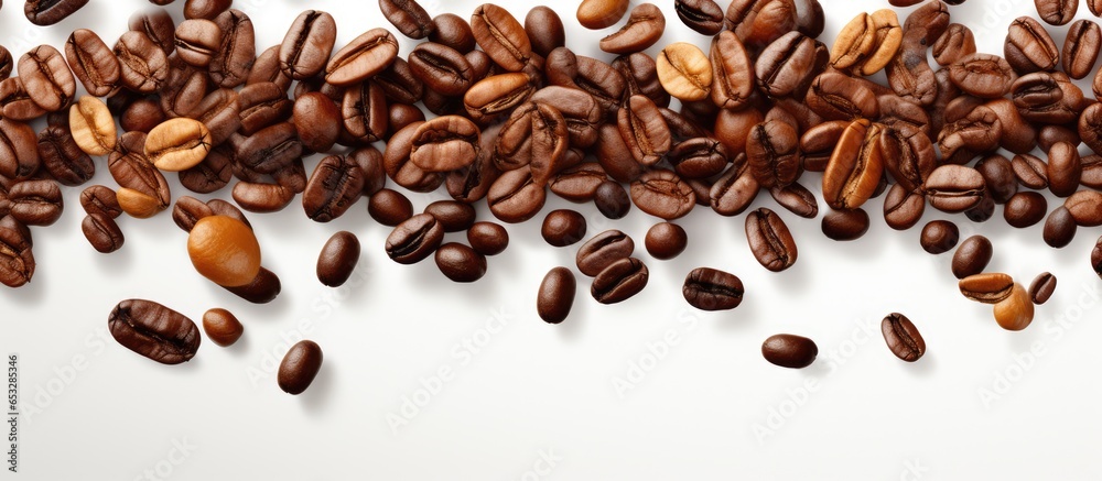 Obraz premium Long banner featuring flying coffee beans in a food mockup