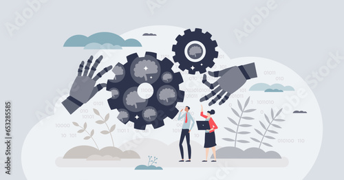 AI and automation revolution with artificial intelligence tiny person concept. Modern technology for smart digitization and automatic production process vector illustration. Effective gear usage.
