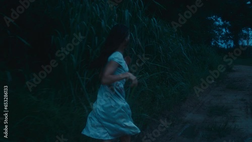 A frightened girl in a bloodstained dress runs away from her pursuer through the woods
