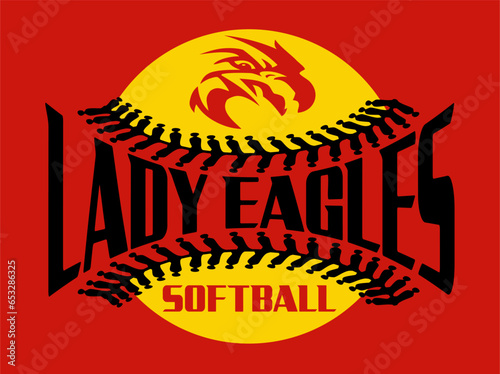 lady eagles softball design with ball, mascot and stitches for school, college or league sports