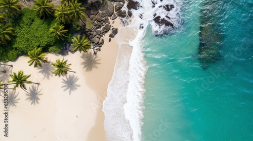 From above, the allure of a serene tropical beach unfolds, where pristine white sands meet crystal-clear azure waters. The harmonious curve of the coastline paints nature's symphony 