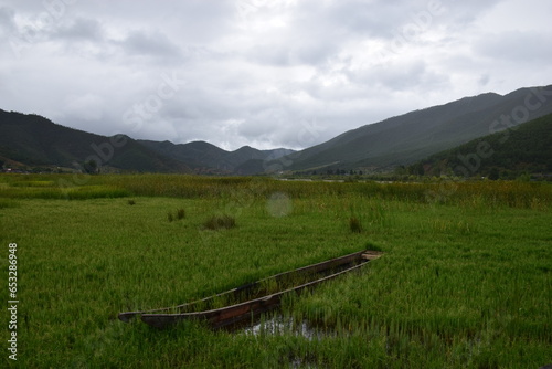 A wooden boat abandoned on the grass on a rainy day