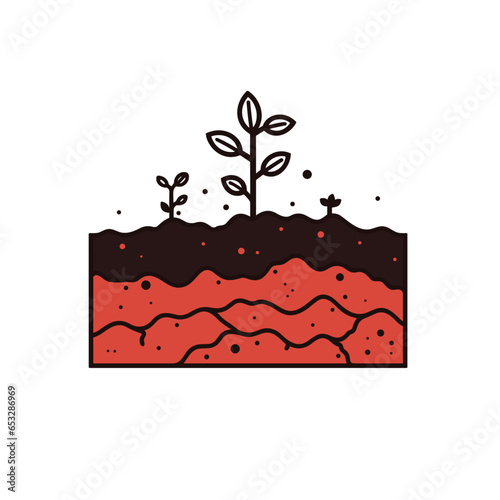 Nutrient-rich soil vector icon in minimalistic, black and red line work, japan web