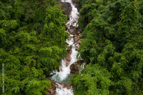 Krathing waterfall in the rainy season and refreshing greenery forest in the national park of Khao Khitchakut Chanthaburi province Thailand panorama aerial view for background.