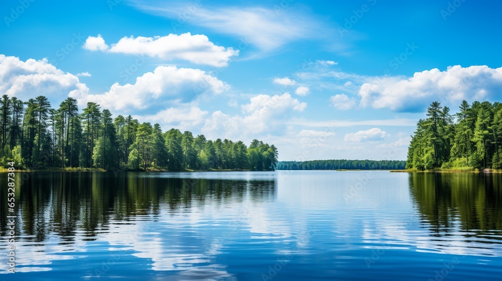 Fototapeta premium A tranquil lake, nestled within a dense forest's embrace, captures the heart of nature's beauty. The gentle ripples on the water's surface contrast the surrounding trees' stillness