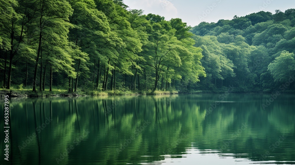 A tranquil lake, nestled within a dense forest's embrace, captures the heart of nature's beauty. The gentle ripples on the water's surface contrast the surrounding trees' stillness A tranquil lake, nestled within a dense forest's embrace, captures the heart of nature's beauty. The gentle ripples on the water's surface contrast the surrounding trees' stillness