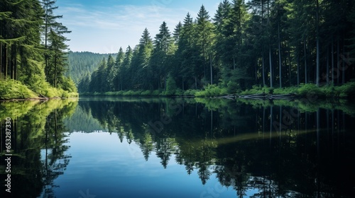 A tranquil lake, nestled within a dense forest's embrace, captures the heart of nature's beauty. The gentle ripples on the water's surface contrast the surrounding trees' stillness
