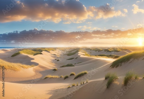 Landscape of sand dunes system on beach at sunrise