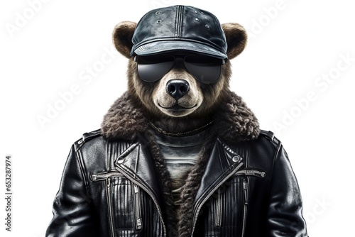 Cool gangster bear in a leather jacket, sunglasses and cap on a white background