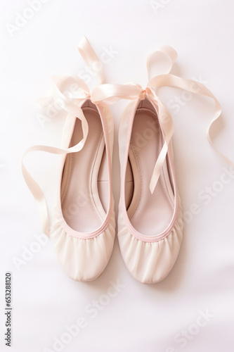 Close-up of comfortable and cute pink ballet pumps with satin ribbons.