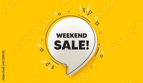 Weekend Sale tag. 3d speech bubble yellow banner. Special offer price sign. Advertising Discounts symbol. Weekend sale chat speech bubble message. Talk box infographics. Vector