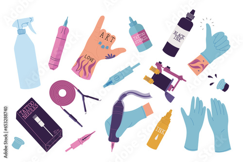 Set with tattoo equipment, inks, machines and needles. Isolated vector illustration in flat design