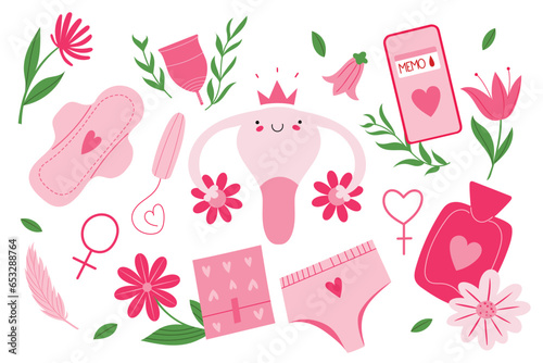 Set with menstruation illustrations, uterus, tampon, pads. Isolated vector illustration in pink colors