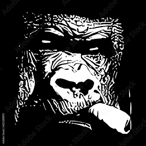 Angry Monkey Gorilla Smoking a Cigar White Colour on black background editable best for t shirt and could be used any item
