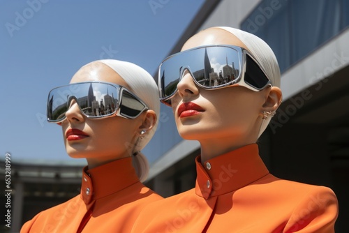 Two Females With Sunglasses And Orange Suits Sunny Background