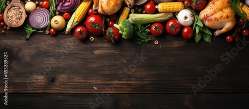 Fresh vegetables fruits and chicken meat featured in a rustic background with free space for text