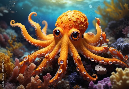 Small octopus with bright orange and yellow coloring, large expressive eyes, in a colorful undersea coral environment