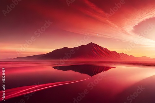 Beautiful red view of mountain and sunset-Generated by AI