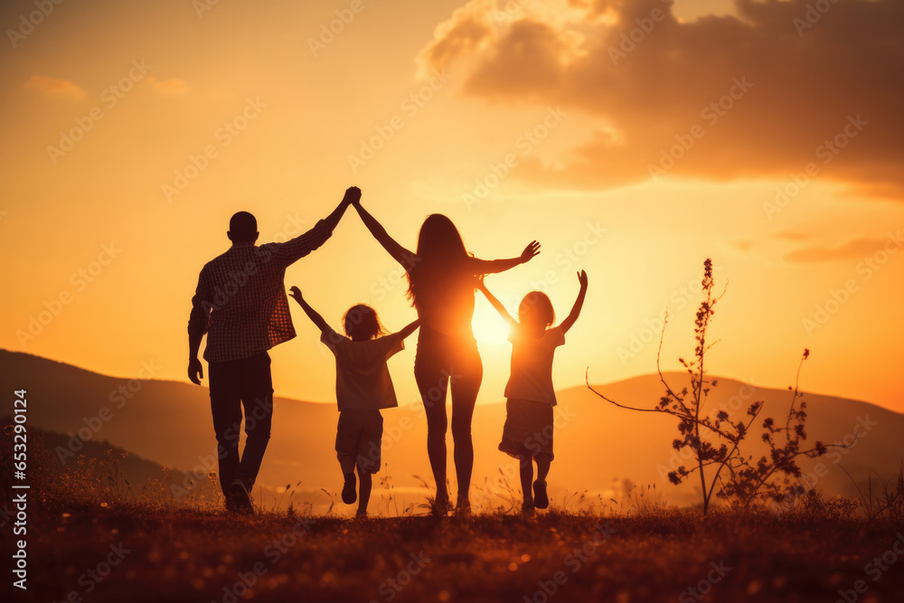 Happy family: mother, father, children son and daughter on beautiful nature at sunset.