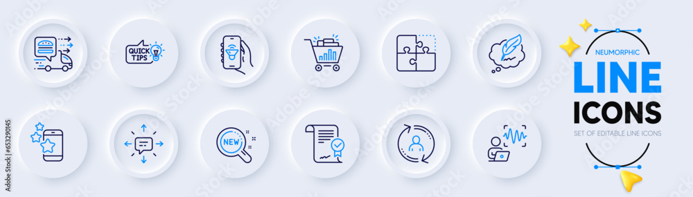 Education idea, Music app and Best app line icons for web app. Pack of Seo shopping, Puzzle, User info pictogram icons. Food delivery, Voice wave, Sms signs. New products. Neumorphic buttons. Vector Education idea, Music app and Best app line icons for web app. Pack of Seo shopping, Puzzle, User info pictogram icons. Food delivery, Voice wave, Sms signs. New products. Neumorphic buttons. Vector