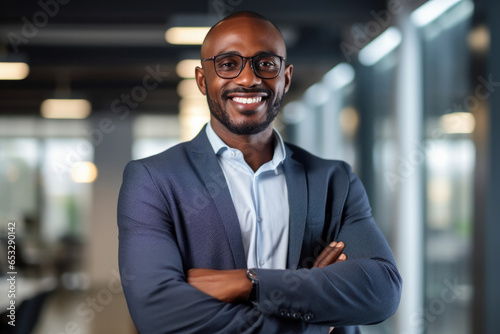 Portrait of successful african businessman with arms crossed standing in office.