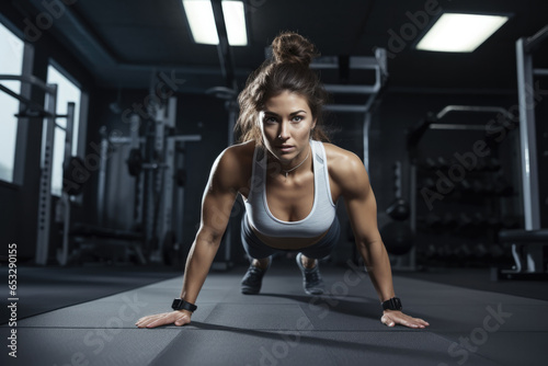 Portrait of a muscular woman on a plank position at gym