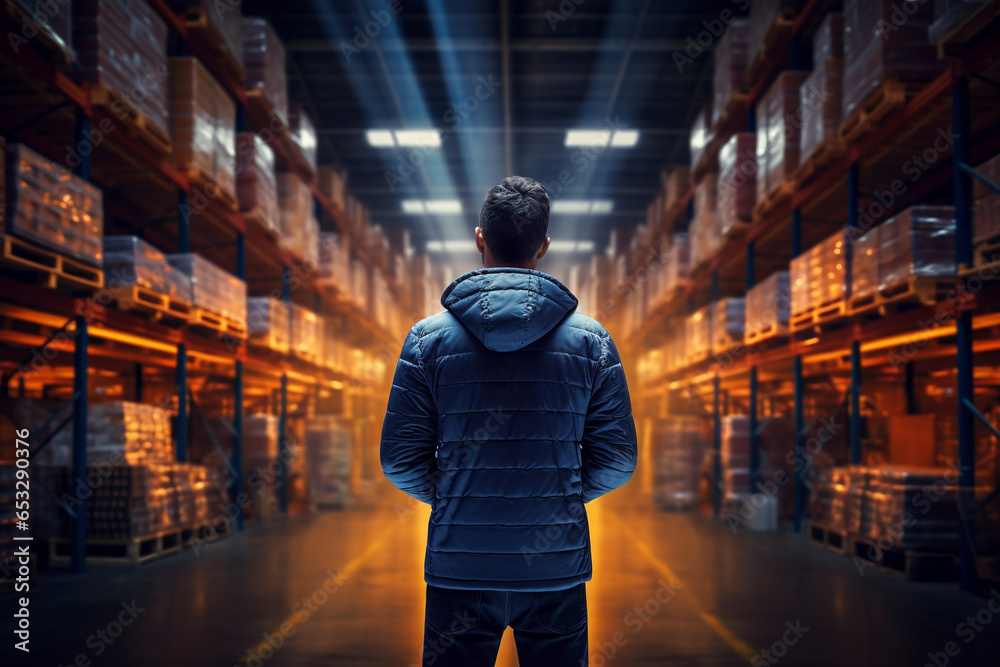 Man with tablet scans warehouse, immersed in misty cyan-orange ambiance and technology. Man with tablet scans warehouse, immersed in misty cyan-orange ambiance and technology.