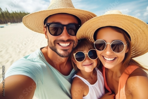 Happy family spend good time on the beach together taking selfie