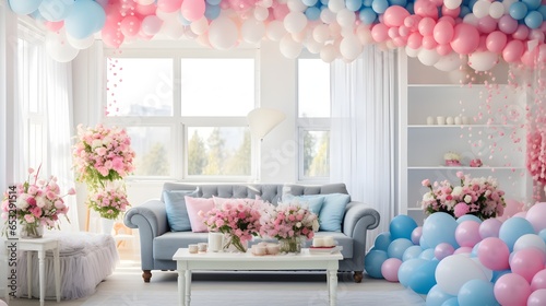 Modern living room decorated for a gender reveal party with blue and pink balloons