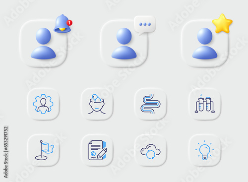 Copywriting, Cloud sync and Chemistry beaker line icons. Placeholder with 3d star, reminder bell, chat. Pack of Intestine, Professional, Depression treatment icon. Vector