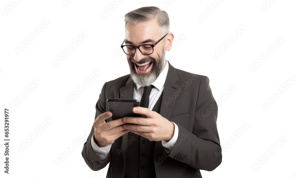 Businessman happy with good news on his smartphone, cut out Businessman happy with good news on his smartphone, cut out