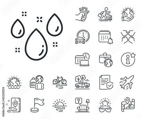Rain sign. Plane jet, travel map and baggage claim outline icons. Rainy weather forecast line icon. Water drops symbol. Rainy weather line sign. Car rental, taxi transport icon. Place location. Vector
