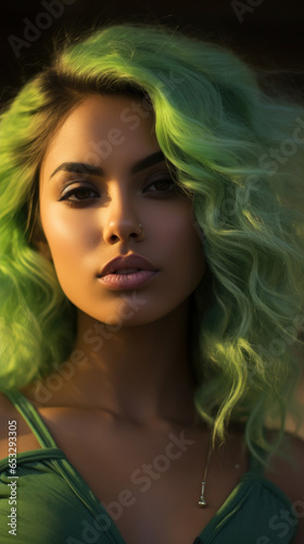 Portrait of Stunning Young Turkey Woman with Green Hair Captured in Golden Hour and Natural Light, High-Quality Beauty Photography