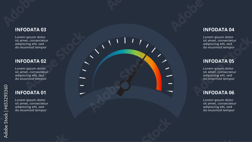 Speedometer infographic with 6 elements, presentations, vector illustration. Template for web on a black background.