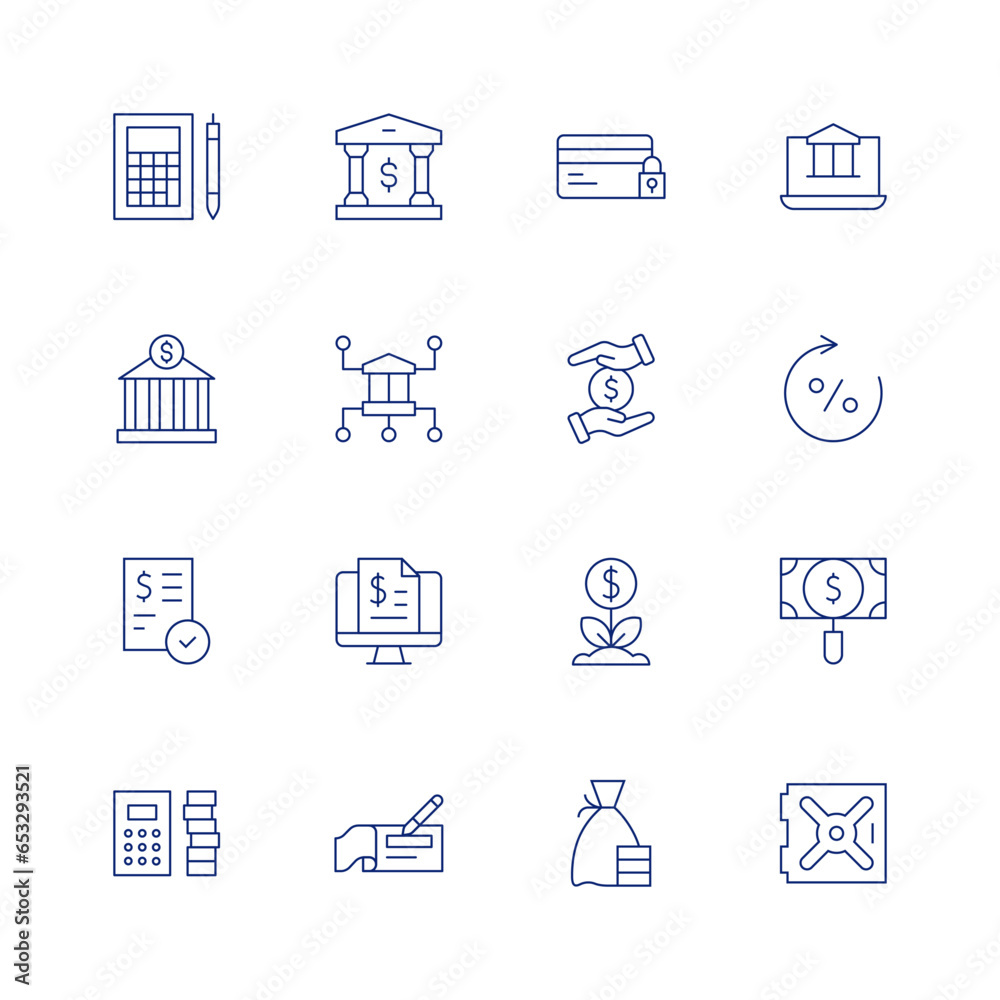 Banking line icon set on transparent background with editable stroke. Containing accountant, bank, bank check, billing, calculator, checkbook, credit card, funding, investment, money bag.
