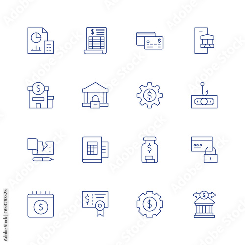 Banking line icon set on transparent background with editable stroke. Containing accountant, bank, bank check, book, calendar, cheque, credit card, gear, jar, money management, online banking.