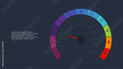 Speedometer infographic with 11 elements, presentations, vector illustration. Template for web on a black background.