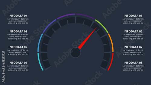 Speedometer infographic with 8 elements, presentations, vector illustration. Template for web on a black background.